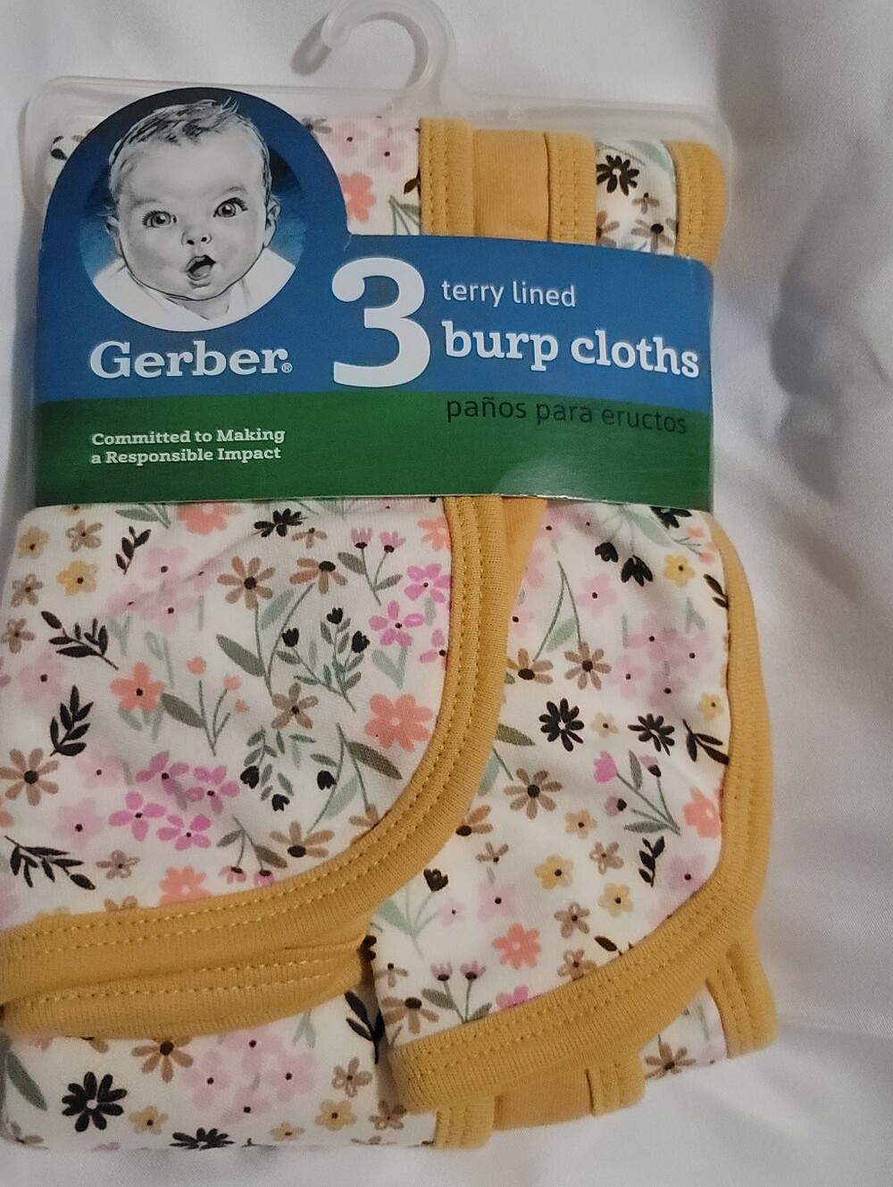 NWT Gerber 3 Mustard Baby Burp Cloths